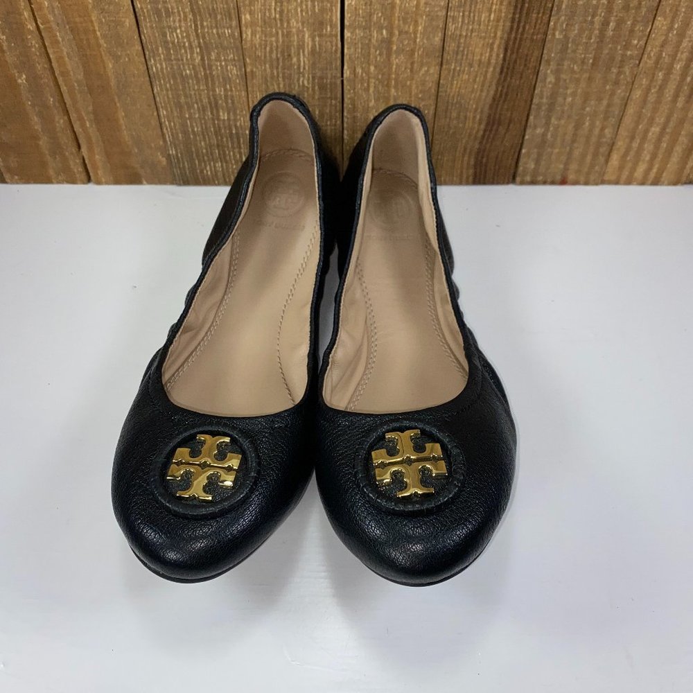 Tory Burch Allie Logo Ballet Flats Womens 7.5 Black Gold Leather Casual Career